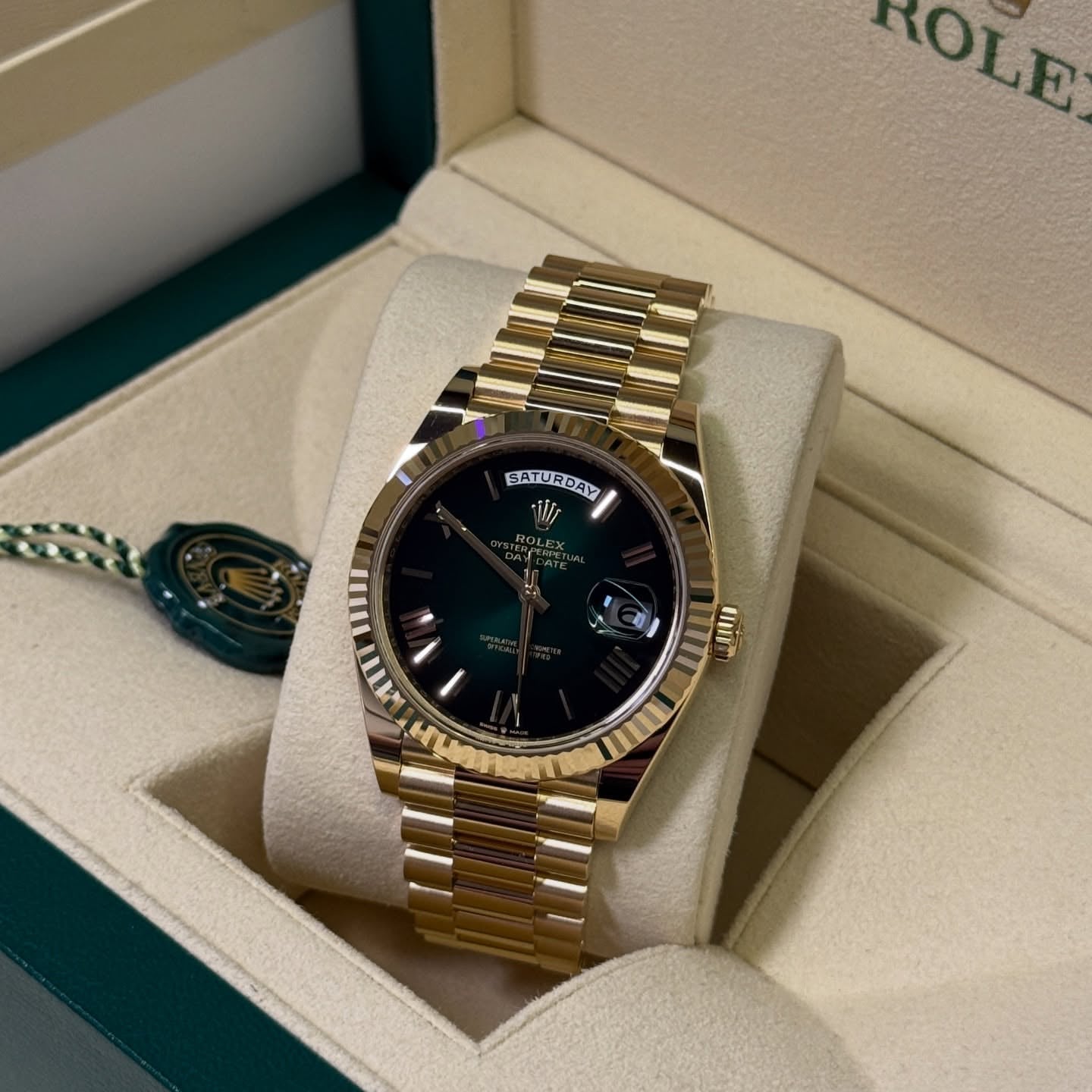 Rolex Day-Date 40mm –  Green “Stella” Roman Dial